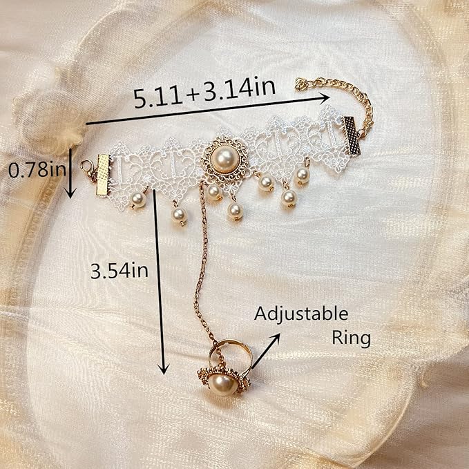 Gothic Pearl Lace Steampunk Wristband Vintage Pearl Pendant Tassel Lace Hand Chain with Finger Ring Lolita Lace Hand Accessories for Women and Girls (Style 2)