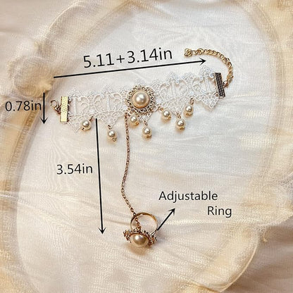 Gothic Pearl Lace Steampunk Wristband Vintage Pearl Pendant Tassel Lace Hand Chain with Finger Ring Lolita Lace Hand Accessories for Women and Girls (Style 2)