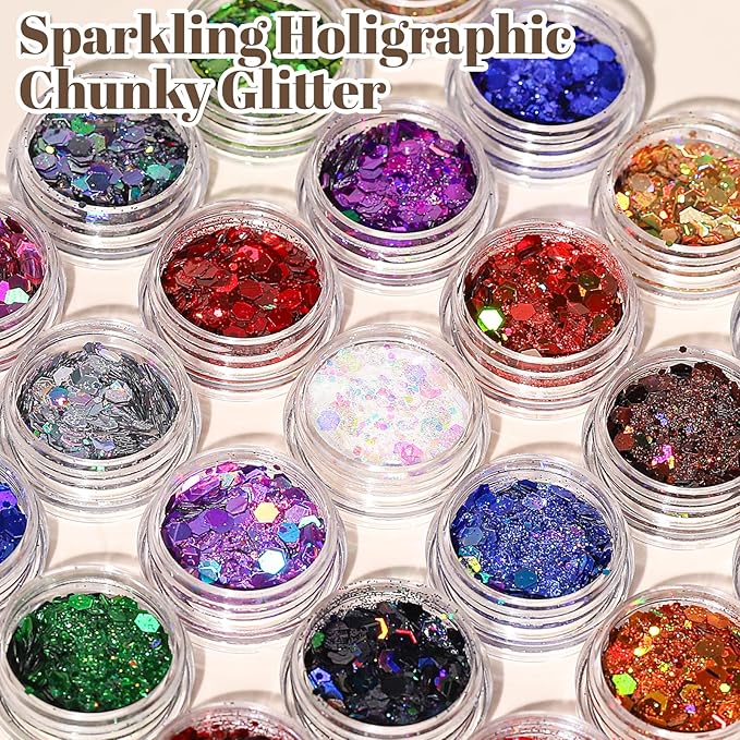 LEOBRO Chunky Glitter, 24 Colors Holographic Chunky Glitter for Crafts, Resin, Nail Body Face Hair Makeup, DIY Party Decorations