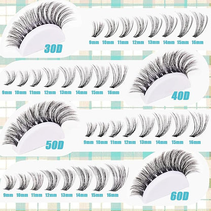 Lash Clusters Kit with Bottom Lashes, Lash Extension Kit With 30D40D50D60D Fluffy Upper Wispy Lash Clusters & 2 Type Bottom Lash Clusters,EyeLash Extension Kit with Black Bond & Clear Glue 2 In 1