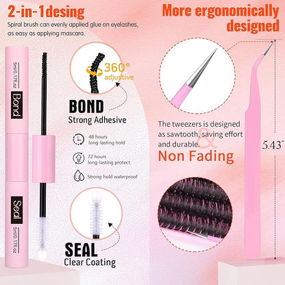 Geeneiya Full Lash Extension Kit 10-18MM Volume Eyelash Extension Kit D Curl Cluster Lashes Individual Eyelashes Kit with Waterproof Lash Bond and Seal, Lash Tweezers (10-18MM, 280Pcs, 70P)
