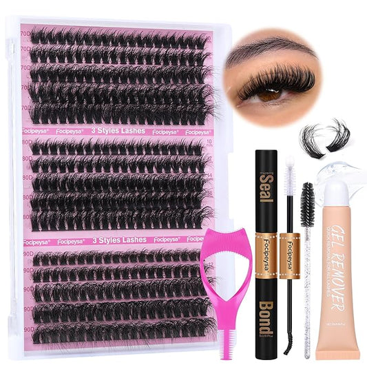 Full Volume Eyelash Extension Kit Thick Lash Extension Kit Lash Clusters Individual Eyelashes Kit with Lash Bond and Seal, Lash Remover DIY Eyelash Extension Kit for Beginner by Focipeysa