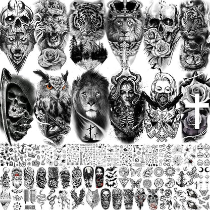63 Sheets Halloween Black Wolf Tiger Lion Temporary Tattoos For Women Men Arm Sleeve, Scary Skull Skeleton Fake Tattoo Stickers Adults, 3D Long Lasting Tattoos Temporary Tribal Owl Flower Legs