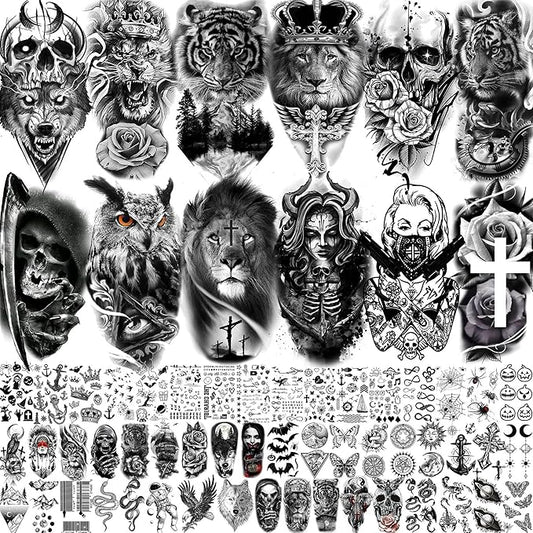 63 Sheets Halloween Black Wolf Tiger Lion Temporary Tattoos For Women Men Arm Sleeve, Scary Skull Skeleton Fake Tattoo Stickers Adults, 3D Long Lasting Tattoos Temporary Tribal Owl Flower Legs