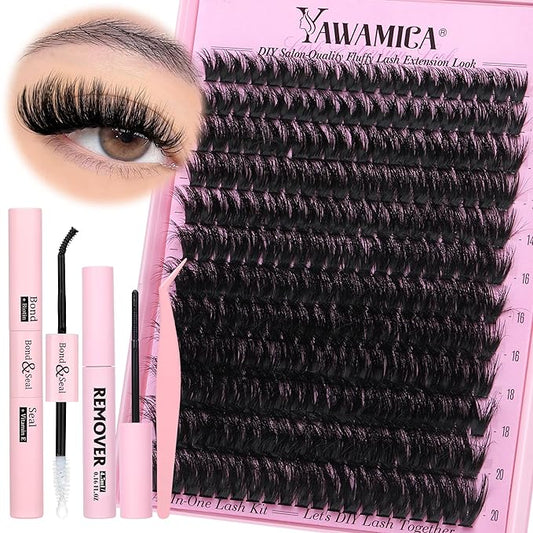 Yawamica Fluffier Lash Clusters Kit with Remover Wispy Cluster Eyelash Extensions 12-20mm Eyelash Clusters 200D Volume Lash Extension Kit D Curly Cluster Lashes with Bond and Seal Remover Tweezers
