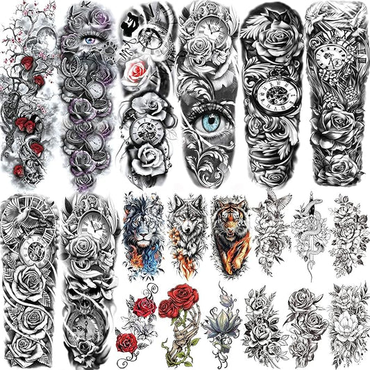 20 Sheets Full Arm Sleeve Temporary Tattoos For Women Girls Thigh, Rose Flower Tribal Eye Compass Clock Fake Tattoo Sleeve For Adults, Long Lasting Peony Florals Peace Dove Black Tattoo Stickers