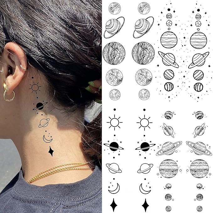 15 Sheets Realistic Space Planets Chain Temporary Tattoos For Women Men Arm Neck, Butterfly Solar System Moon Sun Star Fake Tattoo Sticker, Small Universe Tatoos Kids Girls Boys Forearm Body