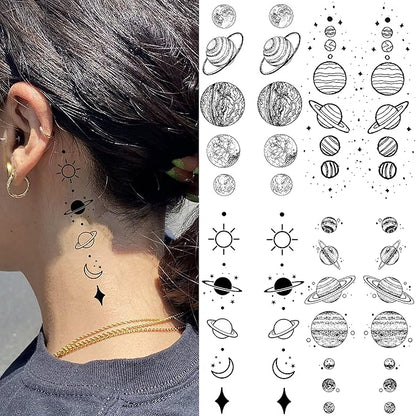 15 Sheets Realistic Space Planets Chain Temporary Tattoos For Women Men Arm Neck, Butterfly Solar System Moon Sun Star Fake Tattoo Sticker, Small Universe Tatoos Kids Girls Boys Forearm Body