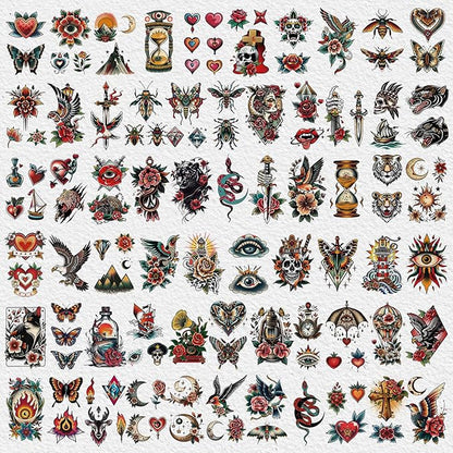 Cerlaza 79 Sheets Classic Temporary Tattoos for Adult Women Men, American Old School Fake Tattoos Sleeve, Realistic Traditional Colorful Flower Animal Half Arm/Tiny Tattoo Stickers