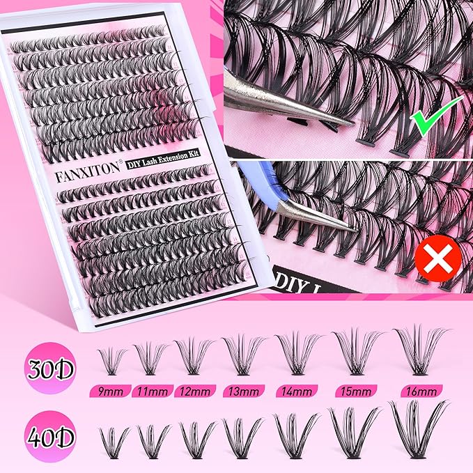 DIY Lash Extension Kit Natural Lash Clusters 30D+40D Mix 9-16 mm D lndividual Lashes Lash Remover 280 pcs Wispy Eyelash Extension Kit with Lash Bond and Seal and Lash Tweezers by FANXITON