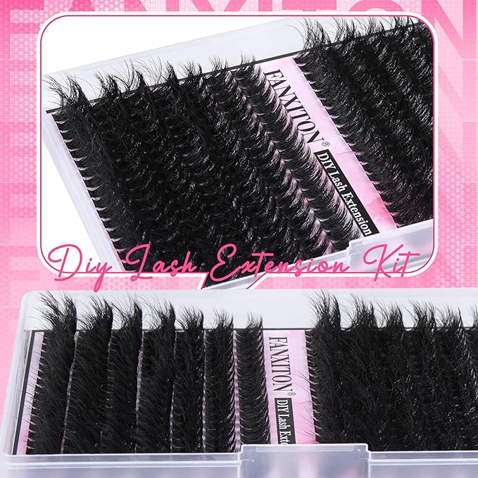 FANXITON Lash Clusters with Lash Bond and Seal Sweatproof, 10-18 mm D Volume Lash Extension Kit 280 pcs Individual Lashes Lash Clusters Kit and Tweezers Thick DIY Eyelash Extension Kit