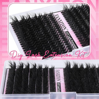 FANXITON Lash Clusters with Lash Bond and Seal Sweatproof, 10-18 mm D Volume Lash Extension Kit 280 pcs Individual Lashes Lash Clusters Kit and Tweezers Thick DIY Eyelash Extension Kit