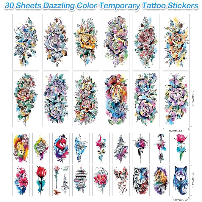 3D Watercolor Rose Temporary Tattoos For Women, Colorful Fake tattoos Long Lasting, Flower Temp Tattoo Stickers Moon Snake Lion Wolf Tiger