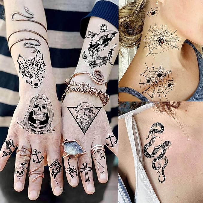 59 Sheets 3D Black Halloween Temporary Tattoos For Men Women Kids, Long Lasting Temp Fake Sleeeve Tattoos For Adults, Large Realistic Skull Skeleton Owl Wolf Lion Tiger Ship Tatoo Sticker Arm