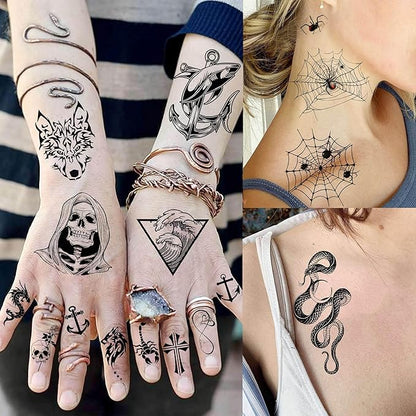 59 Sheets 3D Black Halloween Temporary Tattoos For Men Women Kids, Long Lasting Temp Fake Sleeeve Tattoos For Adults, Large Realistic Skull Skeleton Owl Wolf Lion Tiger Ship Tatoo Sticker Arm