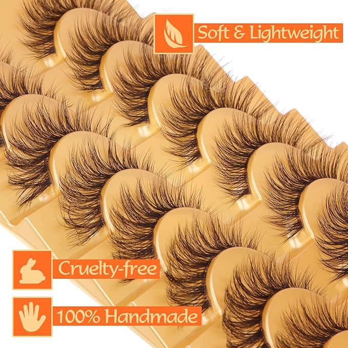 Brown Lashes Strip Natural Looking Cat Eye Eyelashes Wispy Fluffy Clear Band Pack 8 Pairs