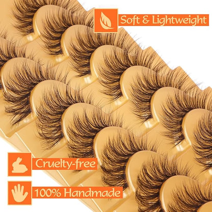 Brown Lashes Strip Natural Looking Cat Eye Eyelashes Wispy Fluffy Clear Band Pack 8 Pairs