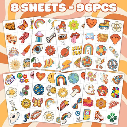 96PCS Groovy 70s Pre-Cut Temporary Tattoos - Retro Flower Power, Good Vibes Party Decorations & Favors | Cute Tattoos Stickers Gift for Kids, Boys & Girls, Baby Shower & Prize Supplies