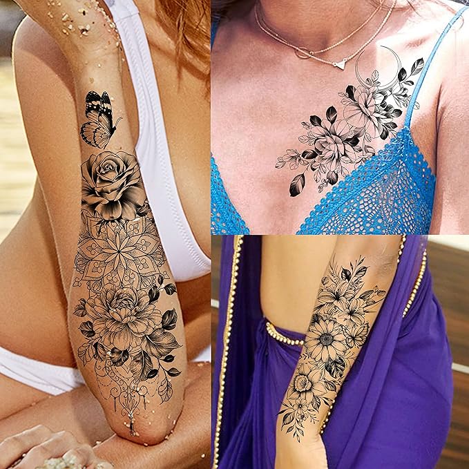 69 Sheets Realistic Peony Rose Flower Temporary Tattoos For Women Girls Arm Thigh, Owl Tiger Floral Waterproof Long Lasting Temp Fake Tattoos For Women, Small Black Tattoo Stickers Kids Finger