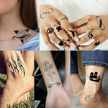 FANRUI 52 Sheets Creative Black Tiny Crown Infinity Triangle Fake Tattoos For Men Women Realistic Stars Letters Tattoos For Kids Temporary Waterproof Arm Hand Face Finger Neck Tatoo Stickers