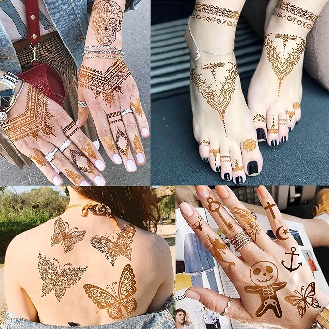9 Sheets 95+ Patterns Flash Gold Temporary Tattoos For Women, Vintage Indian Tribal Bohemia Lotus Mandala Flower Fake Jewels Tattoo Sleeve For Adults, Glitter Golden Metallic Tatoo Sticker