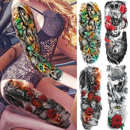 20 Sheets Sexy Rose Flower Full Arm Temporary Tattoos For Women Thigh, Lion Wolf Owl Fox Nun Girl Fake Tattoo Sleeve For Adults, Watercolor Floral Blossom Peacock Halloween Sleeve Tattoo Stickers