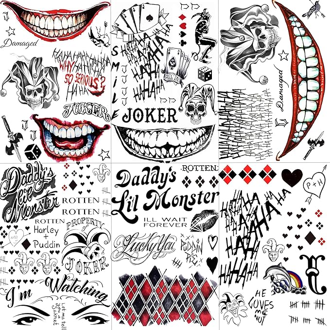 6 Sheets Halloween Joker Tattoo Sticker Decals, Damaged Joker Temporary Tattoos For Men Women Adults, Halloween Face HQ Tattoos Clown, Rave Party Accessories Costume Gothic Fake Tattoo Set