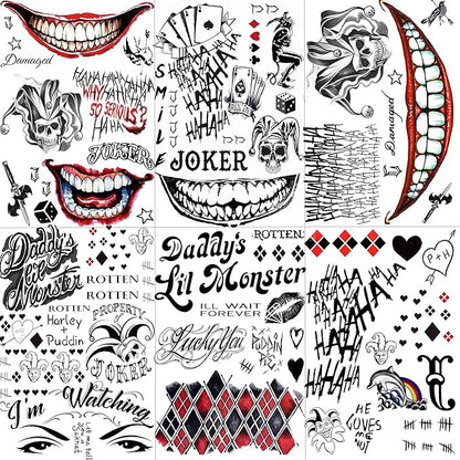 6 Sheets Halloween Joker Tattoo Sticker Decals, Damaged Joker Temporary Tattoos For Men Women Adults, Halloween Face HQ Tattoos Clown, Rave Party Accessories Costume Gothic Fake Tattoo Set