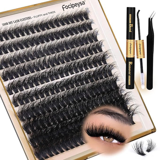 Focipeysa Lash Extension Kit Thick Eyelash Extension Kit 10-18mm Volume Lash Clusters 200D Individual Eyelashes Kit with Lash Bond, Lash Remover, Lash Applicator, DIY Lashes Extension