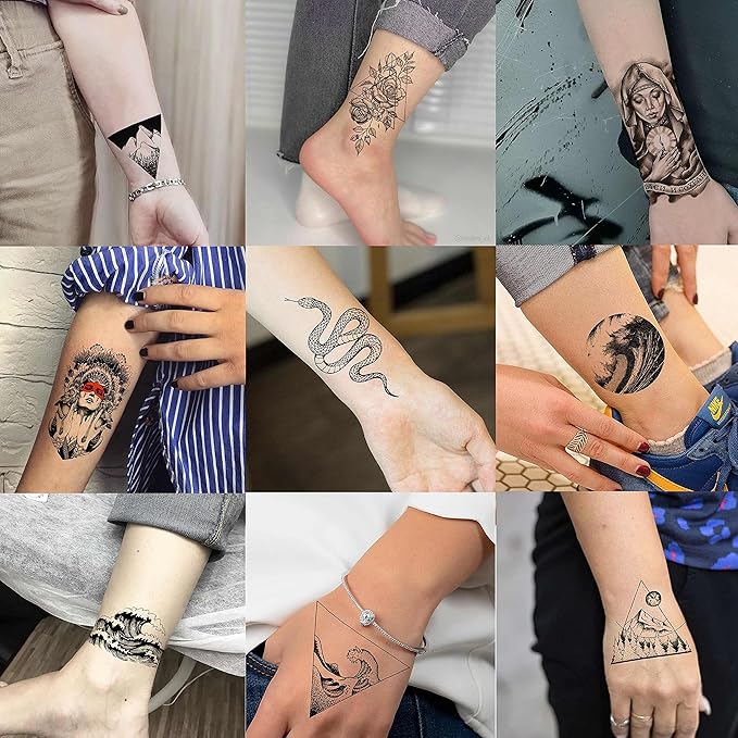 52 Sheets Black Skull Temporary Tattoos For Men Women Arm Neck Tatoos, 3D Realistic Small Rose Flowers Fake Tattoos Temporary, Waterproof Mountain Snake Lion Tiger Temp Tattoo Sticker Adults