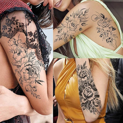 63 Sheets Realistic Black Rose Peony Flower Temporary Tattoos for Women Adults Body Art Arm, Snake Fake Floral Sketch Sleeve Tattoo Sticker