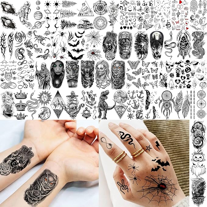 68 Sheets Black Tribal Wolf Lion Temporary Tattoos For Men Women, Halloween Skull Half Arm Sleeve Tattoo Stickers Tiger Zeus God Jesus Christ Gladiator, 3D Temp Waterproof Fake Tattoos For Adults Owl