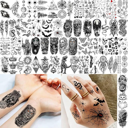 68 Sheets Black Tribal Wolf Lion Temporary Tattoos For Men Women, Halloween Skull Half Arm Sleeve Tattoo Stickers Tiger Zeus God Jesus Christ Gladiator, 3D Temp Waterproof Fake Tattoos For Adults Owl