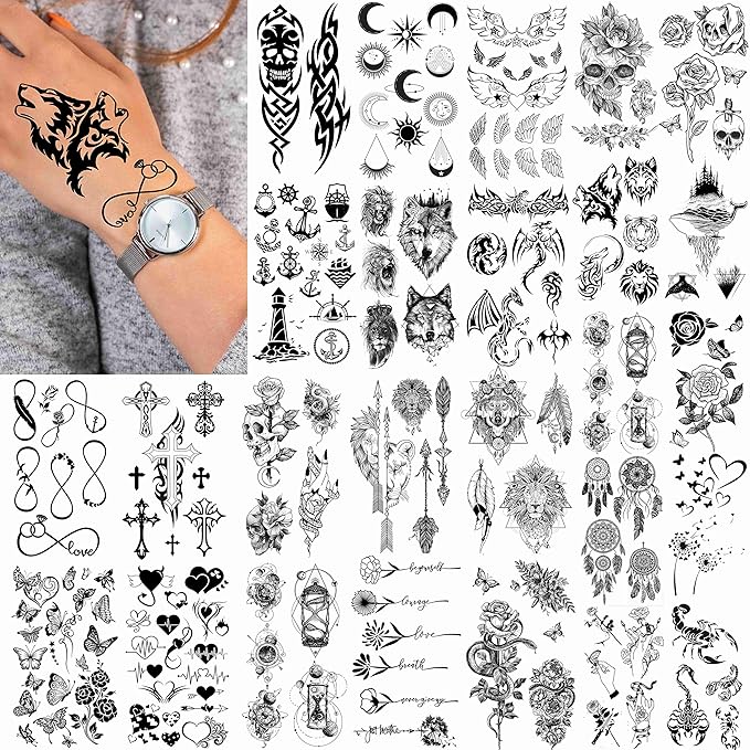 FANRUI 52 Sheets Creative Black Tiny Crown Infinity Triangle Fake Tattoos For Men Women Realistic Stars Letters Tattoos For Kids Temporary Waterproof Arm Hand Face Finger Neck Tatoo Stickers