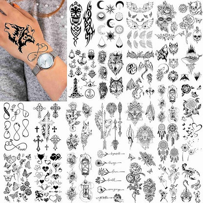 FANRUI 52 Sheets Creative Black Tiny Crown Infinity Triangle Fake Tattoos For Men Women Realistic Stars Letters Tattoos For Kids Temporary Waterproof Arm Hand Face Finger Neck Tatoo Stickers