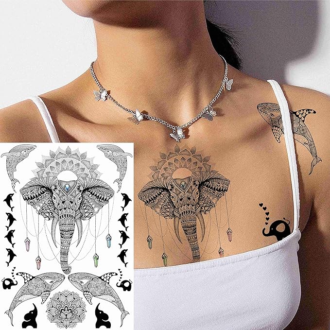 28 Sheets Tribal Black Temporary Tattoos For Women Girls, Waterproof Fake Tattoos Temporary Elephant Ganesha Lace Tattoo Kits, Lotus Mandala Flower Tatoo Sticker Moon Neck Chest Arm Butterfly