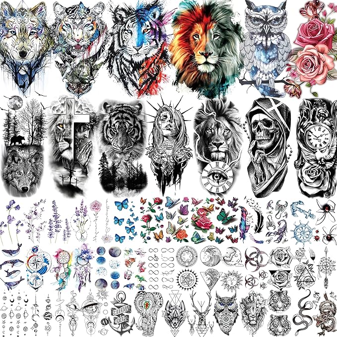 54 Sheets Large Watercolor Lion Owl Temporary Tattoos For Women Arm Adults Thigh, 3D Long Lasting Temp Tattoo Sticker For Men Chest Shoulder, Wolf Tiger Bulk Fake Tatoos Kit Set Rose Butterfly