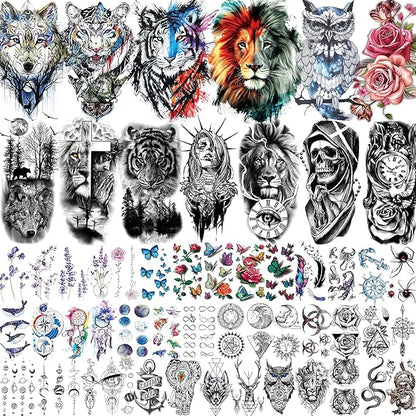 54 Sheets Large Watercolor Lion Owl Temporary Tattoos For Women Arm Adults Thigh, 3D Long Lasting Temp Tattoo Sticker For Men Chest Shoulder, Wolf Tiger Bulk Fake Tatoos Kit Set Rose Butterfly