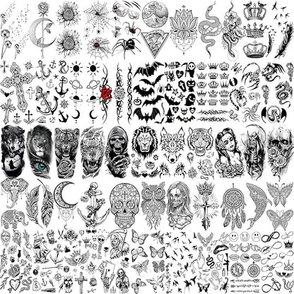 63 Sheets Realistic Black Rose Peony Flower Temporary Tattoos for Women Adults Body Art Arm, Snake Fake Floral Sketch Sleeve Tattoo Sticker