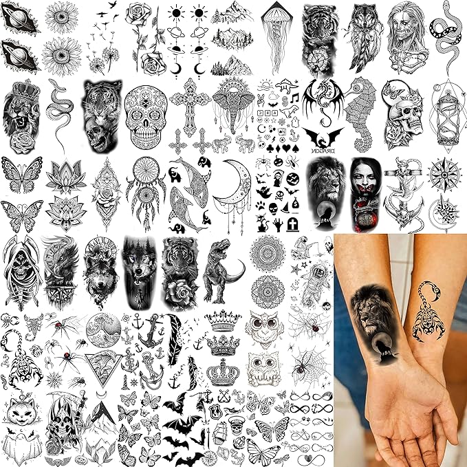 69 Sheets Realistic Peony Rose Flower Temporary Tattoos For Women Girls Arm Thigh, Owl Tiger Floral Waterproof Long Lasting Temp Fake Tattoos For Women, Small Black Tattoo Stickers Kids Finger