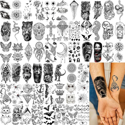 69 Sheets Realistic Peony Rose Flower Temporary Tattoos For Women Girls Arm Thigh, Owl Tiger Floral Waterproof Long Lasting Temp Fake Tattoos For Women, Small Black Tattoo Stickers Kids Finger