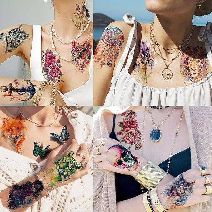 63 Sheets 3D Watercolor Rose Temporary Tattoos For Women Arm Girls Adults, Water Color Peony Flower Tattoo Sticker, Bulk Temp Fake Long Lasting Tattoo Colorful Floral Moon Snake Lion Wolf Tiger