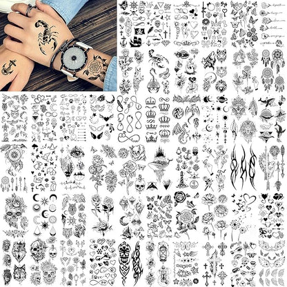 FANRUI 52 Sheets Creative Black Tiny Crown Infinity Triangle Fake Tattoos For Men Women Realistic Stars Letters Tattoos For Kids Temporary Waterproof Arm Hand Face Finger Neck Tatoo Stickers