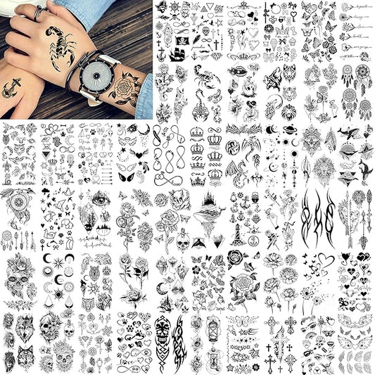 FANRUI 52 Sheets Creative Black Tiny Crown Infinity Triangle Fake Tattoos For Men Women Realistic Stars Letters Tattoos For Kids Temporary Waterproof Arm Hand Face Finger Neck Tatoo Stickers