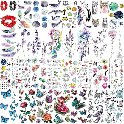 66 Sheets 430+ PCS Cute Temporary Tattoos For Women Men Adults, Watercolor Butterfly Flower Lavender Fake Tattoo Stickers Kids Boys Girls, Black Star Animals Space Temp Tattoos Dragon Wolf Lion