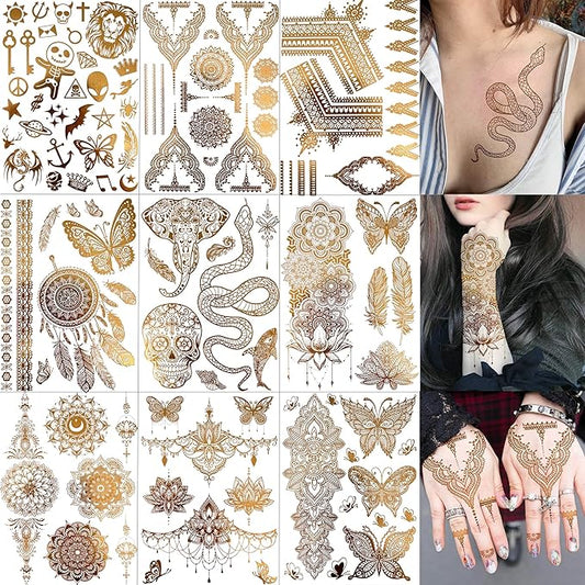 9 Sheets 95+ Patterns Flash Gold Temporary Tattoos For Women, Vintage Indian Tribal Bohemia Lotus Mandala Flower Fake Jewels Tattoo Sleeve For Adults, Glitter Golden Metallic Tatoo Sticker