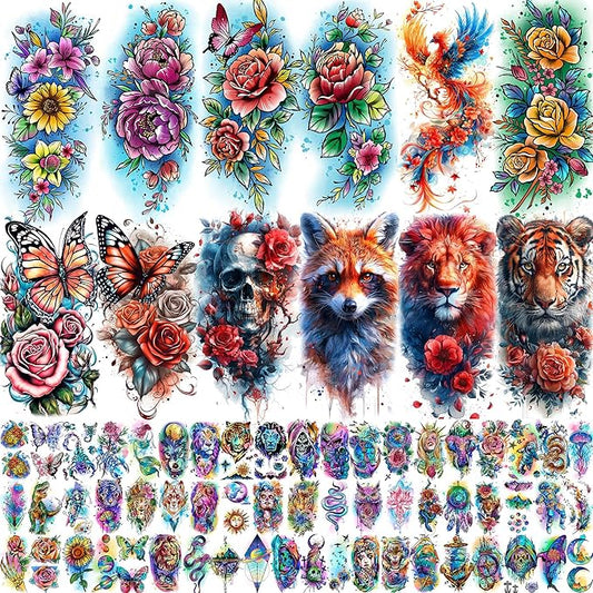 70 Sheets Watercolor Raccoon Phoenix Temporary Tattoos For Women Girls Adults, Water Color Tiger Lion Rose Flower Half Arm Sleeve Tattoo Stickers Peony Floral, Waterproof Fake Tattoos Butterfly Skull