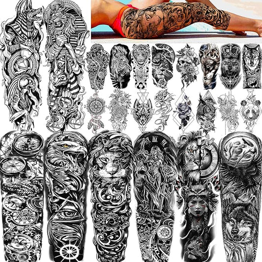 FANRUI 24 Sheets Cool Super Large Full Arm Temporary Tattoo Sleeve For Men with 8 Sheets For Women Thigh, 16 Sheets Flower Eagle Compass Adults Tribal Tiger Tatoo