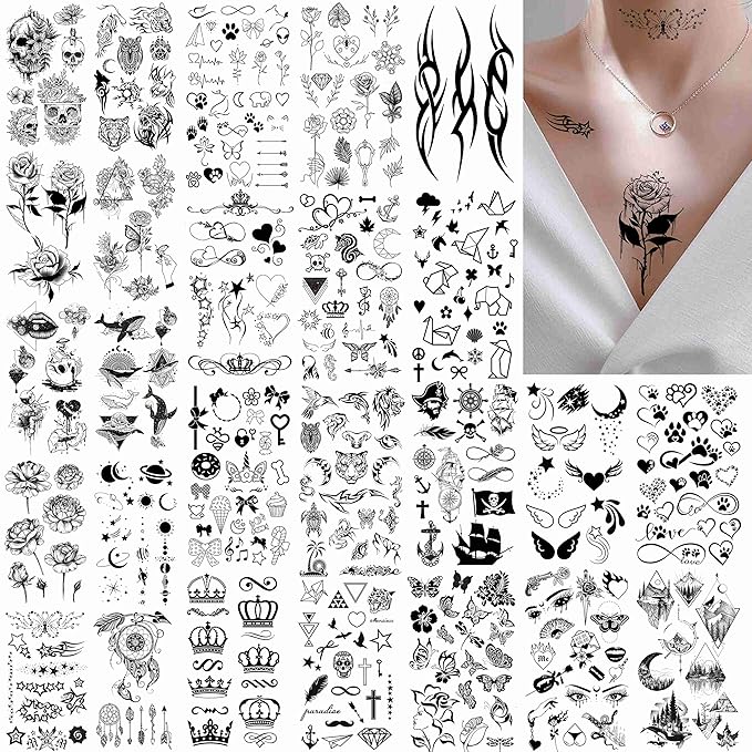 FANRUI 52 Sheets Creative Black Tiny Crown Infinity Triangle Fake Tattoos For Men Women Realistic Stars Letters Tattoos For Kids Temporary Waterproof Arm Hand Face Finger Neck Tatoo Stickers