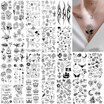 FANRUI 52 Sheets Creative Black Tiny Crown Infinity Triangle Fake Tattoos For Men Women Realistic Stars Letters Tattoos For Kids Temporary Waterproof Arm Hand Face Finger Neck Tatoo Stickers